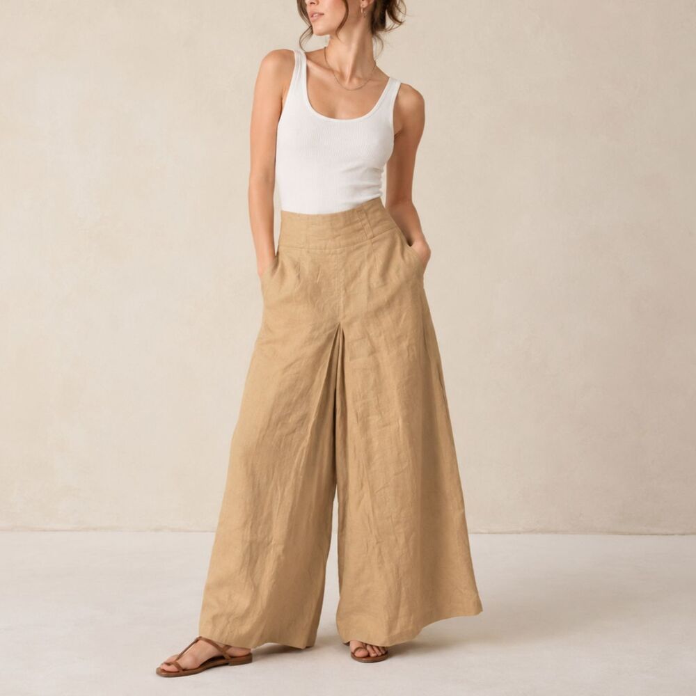Noreen Phillips, Wide Leg Tan High Waist Trousers, M 28"